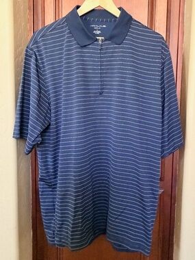 Nicklaus Golf Men's Navy Blue with White Stripes Short Sleeve Polo with ¼ Zip. L